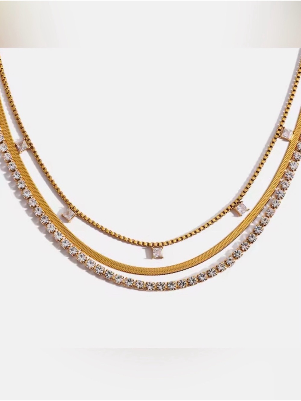 3-Layer Necklace with Square White Zirconia Stainless Steel 18K Gold Plated - Picture 5 of 5